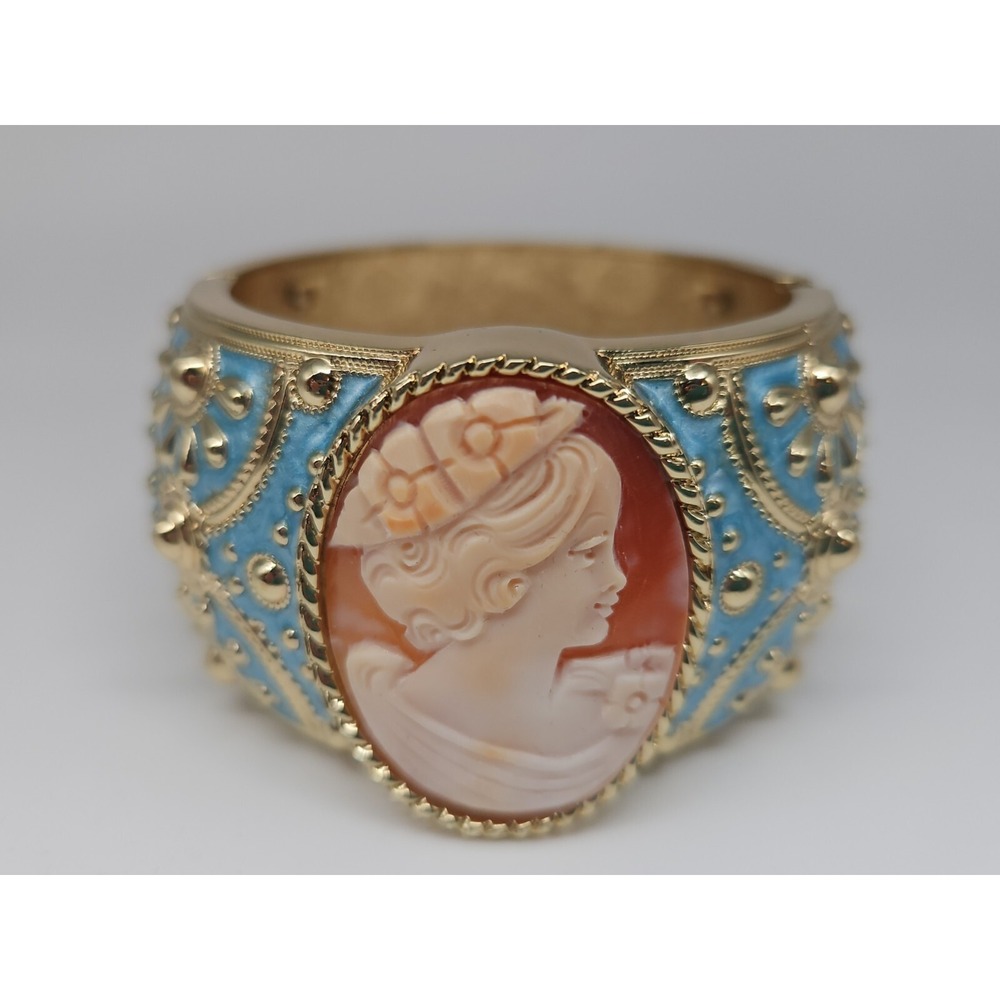 Amedeo NYC 40MM Cameo Goldtone & Blue Enamel Hinged Art Bracelet with box - Picture 3 of 11